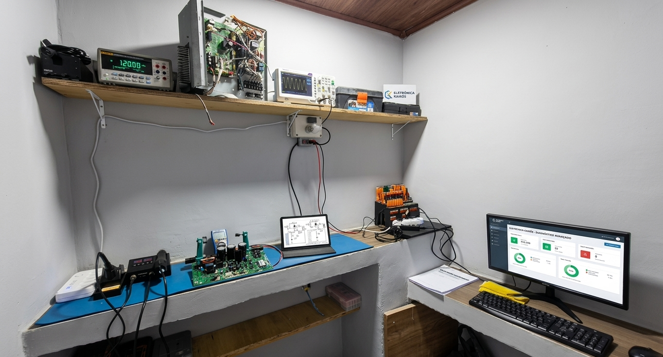 Bancada de diagnóstico da Eletrônica Kairos com instrumentos de medição e sistema de diagnóstico avançado