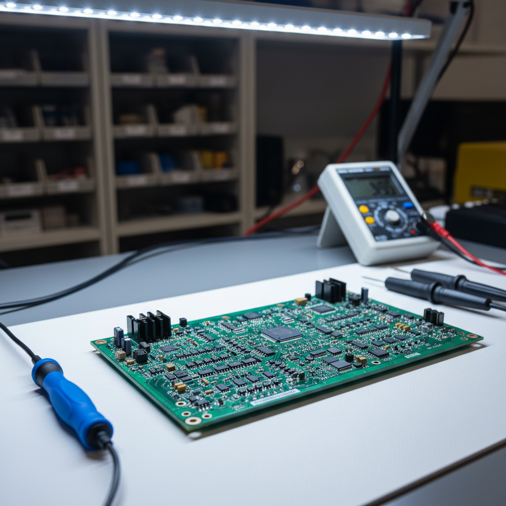 A close-up photographic view of a high-quality green electronic circuit board on a clean white technical workbench, populated with neatly aligned components, solder joints shining under bright inspection lights. Precision tools like an ESD-safe screwdriver, oscilloscope probes, and a multimeter are arranged methodically around the board, implying professional diagnostics. Cool, even studio lighting from above and slightly to the side creates crisp reflections on metallic contacts and subtle shadows between components. The background softly fades into a blurred workshop with organized shelves of components. Shot at a slightly elevated angle with shallow depth of field, the mood is highly professional, reliable, and technical, emphasizing expertise in electronic board repair with photographic realism and a clean, modern aesthetic.