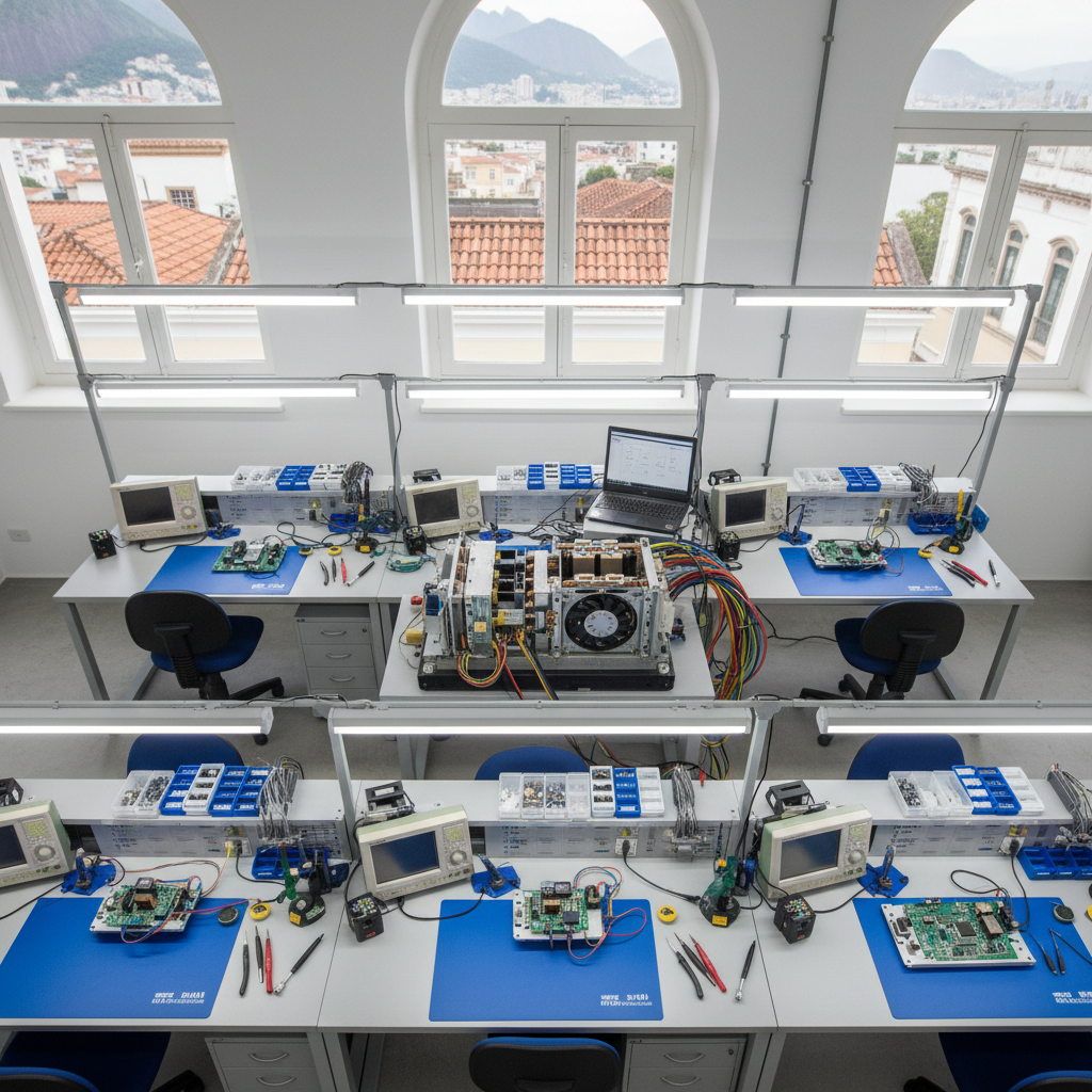A bird’s-eye photographic view of a well-organized electronics workshop specializing in inverter and frequency drive repair. Multiple anti-static workstations form a tidy grid, each with a circuit board under test, precision tools aligned, and labeled trays for screws and components. In the center, a larger station holds a disassembled industrial frequency inverter with exposed power modules and cooling system. Overhead LED panel lighting bathes the entire space in bright, uniform light, minimizing harsh shadows and highlighting the cleanliness and order. Subtle hints of Rio de Janeiro’s architecture appear through high windows, softly blurred, grounding the location. The mood is highly professional, efficient, and trustworthy, with a clean, technical photographic aesthetic that emphasizes reliability and specialized electronic repair expertise.
