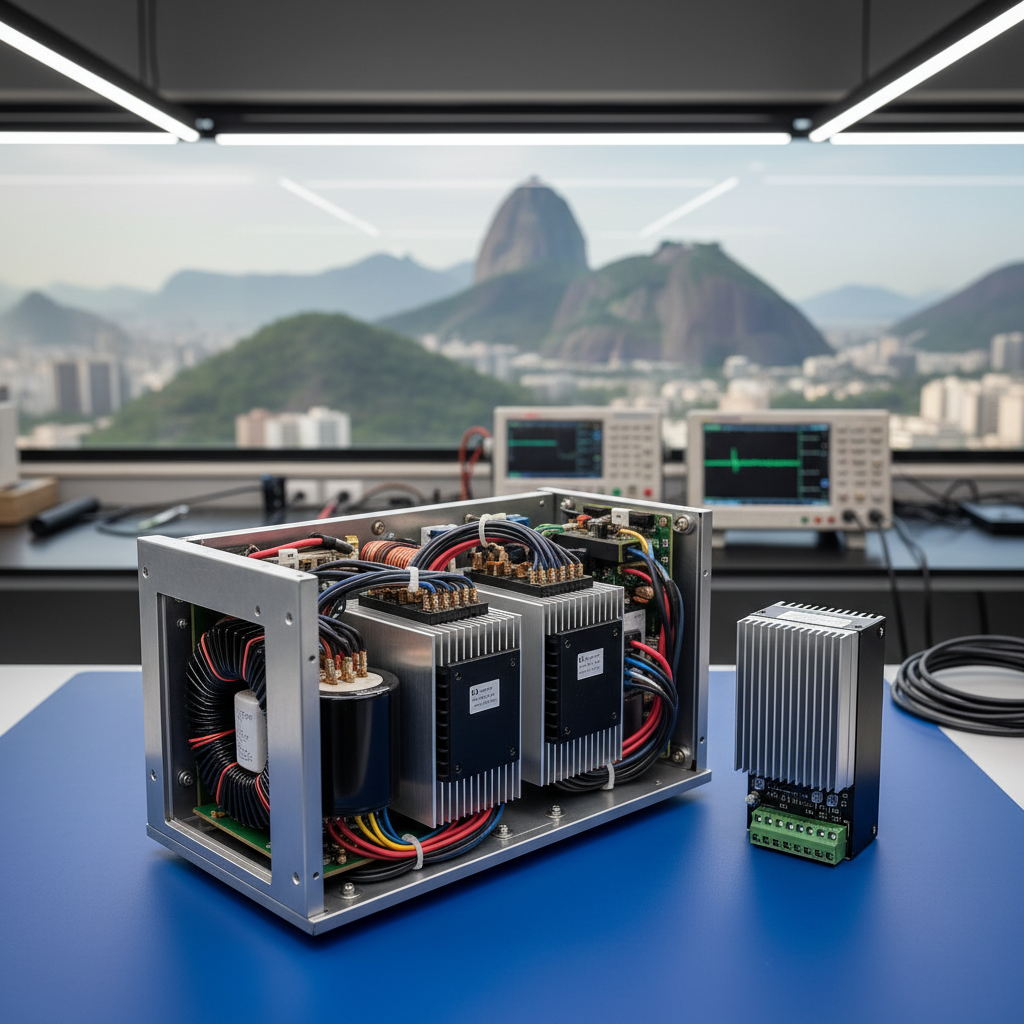 An open inverter drive unit on a sturdy anti-static mat, revealing its intricate power electronics: large capacitors, IGBT modules, heat sinks, and neatly routed wiring. A frequency inverter module stands upright beside it, its terminal block clearly visible. The setting is a modern electronics lab in Rio de Janeiro, suggested by a distant window view of hazy hills and urban buildings, softly out of focus. Cool white LED bench lights illuminate the components, creating sharp clarity and defined highlights on metal surfaces. The composition uses rule of thirds with the main inverter in sharp focus and diagnostic instruments like an oscilloscope and power analyzer subtly blurred in the background. The atmosphere is precise, trustworthy, and technical, conveying deep expertise in inverter and frequency drive maintenance with realistic photographic detail.